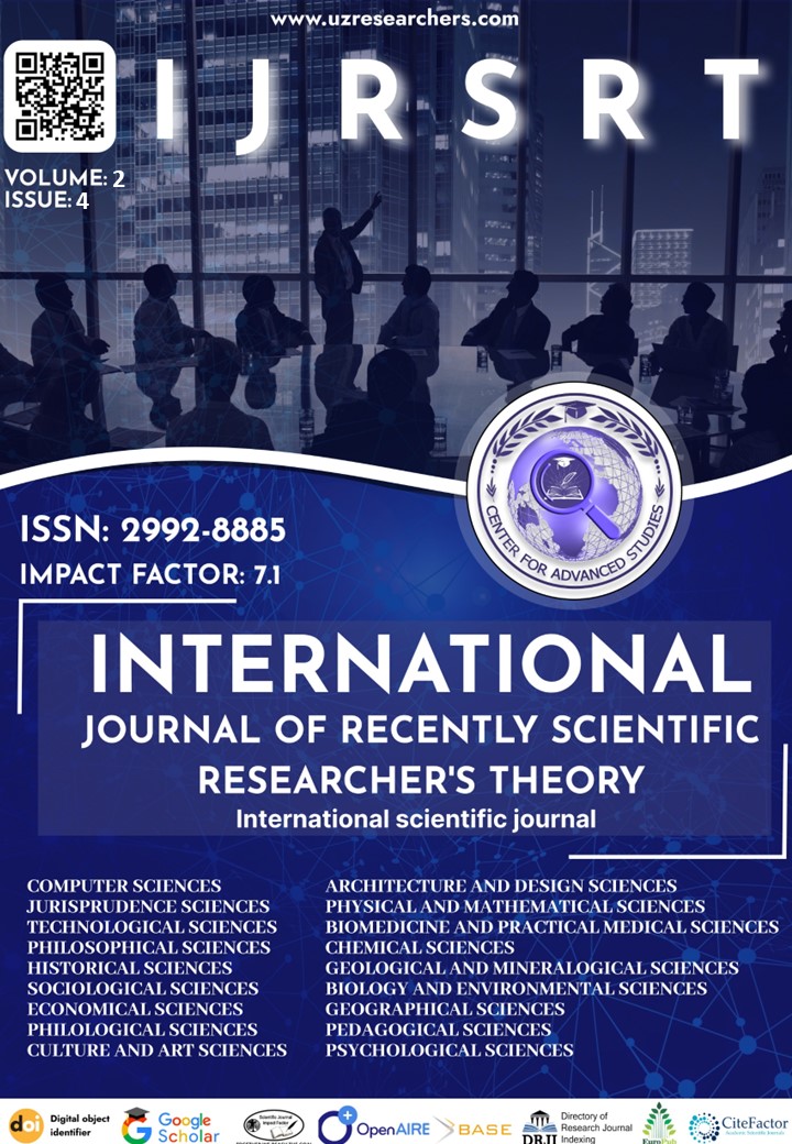 					View Vol. 2 No. 4 (2024): INTERNATIONAL JOURNAL OF RECENTLY SCIENTIFIC RESEARCHER'S THEORY
				